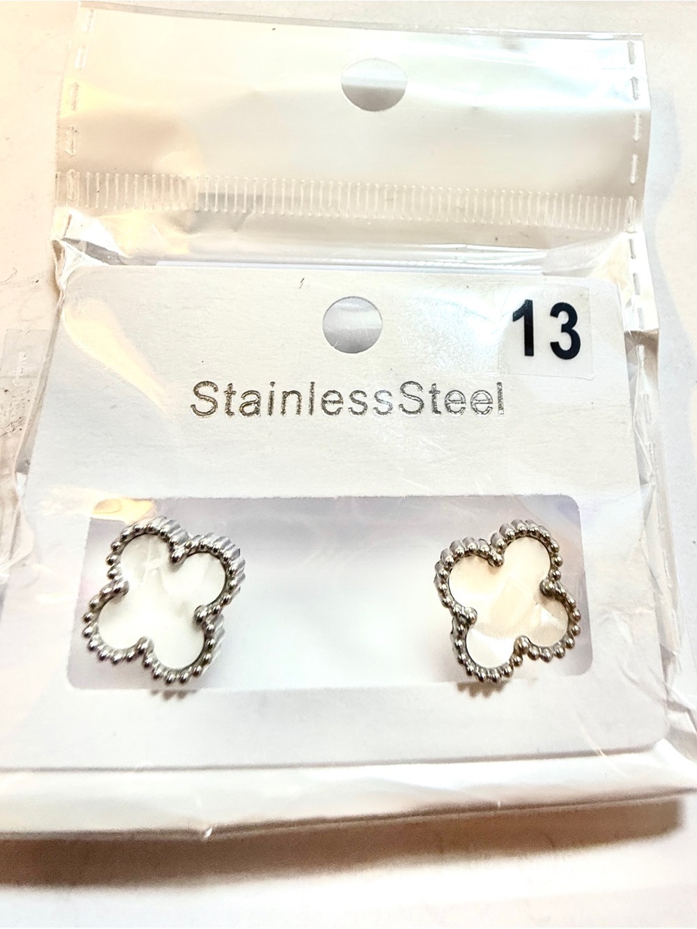 Stainless Steel White Mother-of-Pearl Clover Stud Earrings